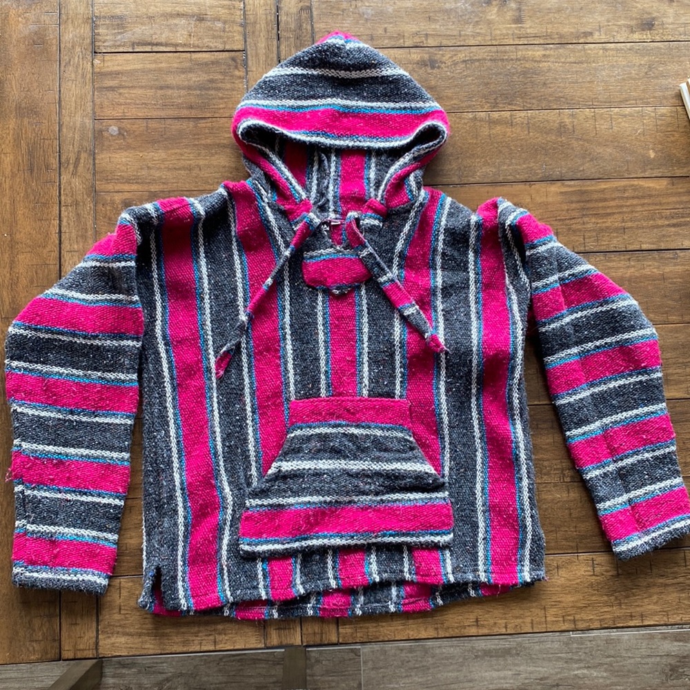Pink, grey and blue striped sweatshirt